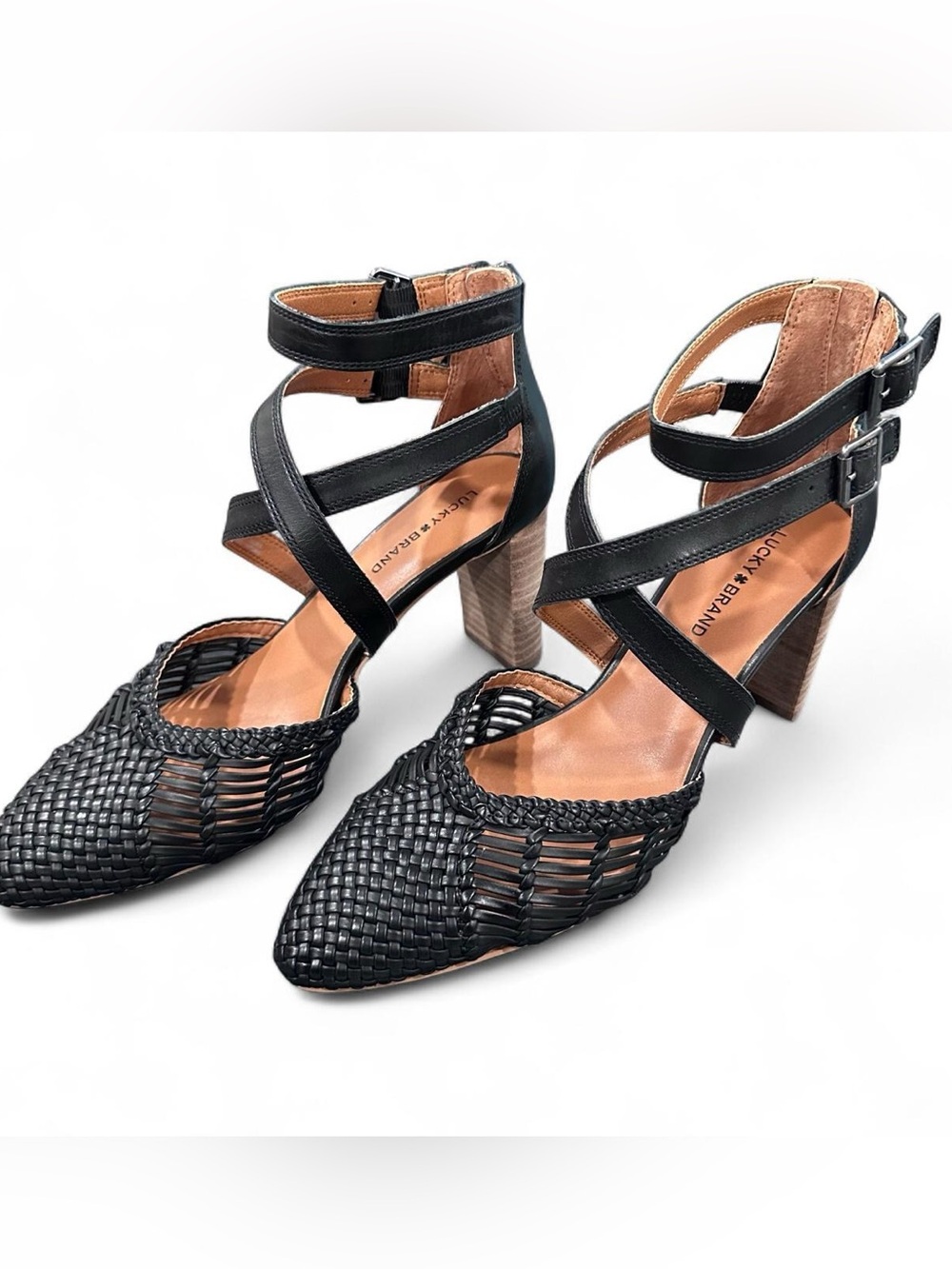 Lucky Brand Black Woven Strappy Block Heels